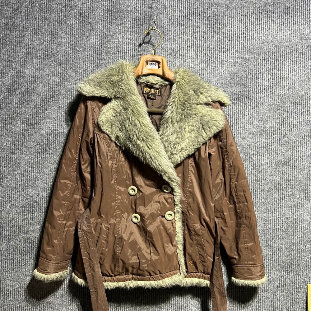 Ariat Faux Fur Trim Jacket Womens Size‎ M Brown Belted Western Equestrian Coat